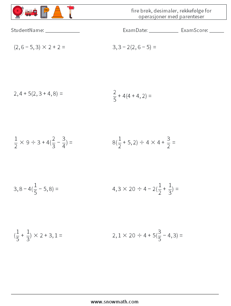 (10) fire brøk, desimaler, rekkefølge for operasjoner med parenteser MathWorksheets 11