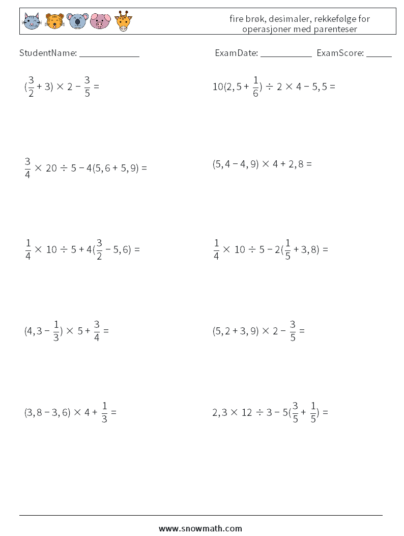 (10) fire brøk, desimaler, rekkefølge for operasjoner med parenteser MathWorksheets 12