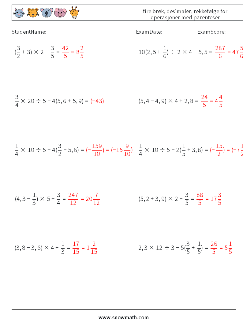 (10) fire brøk, desimaler, rekkefølge for operasjoner med parenteser MathWorksheets 12 QuestionAnswer