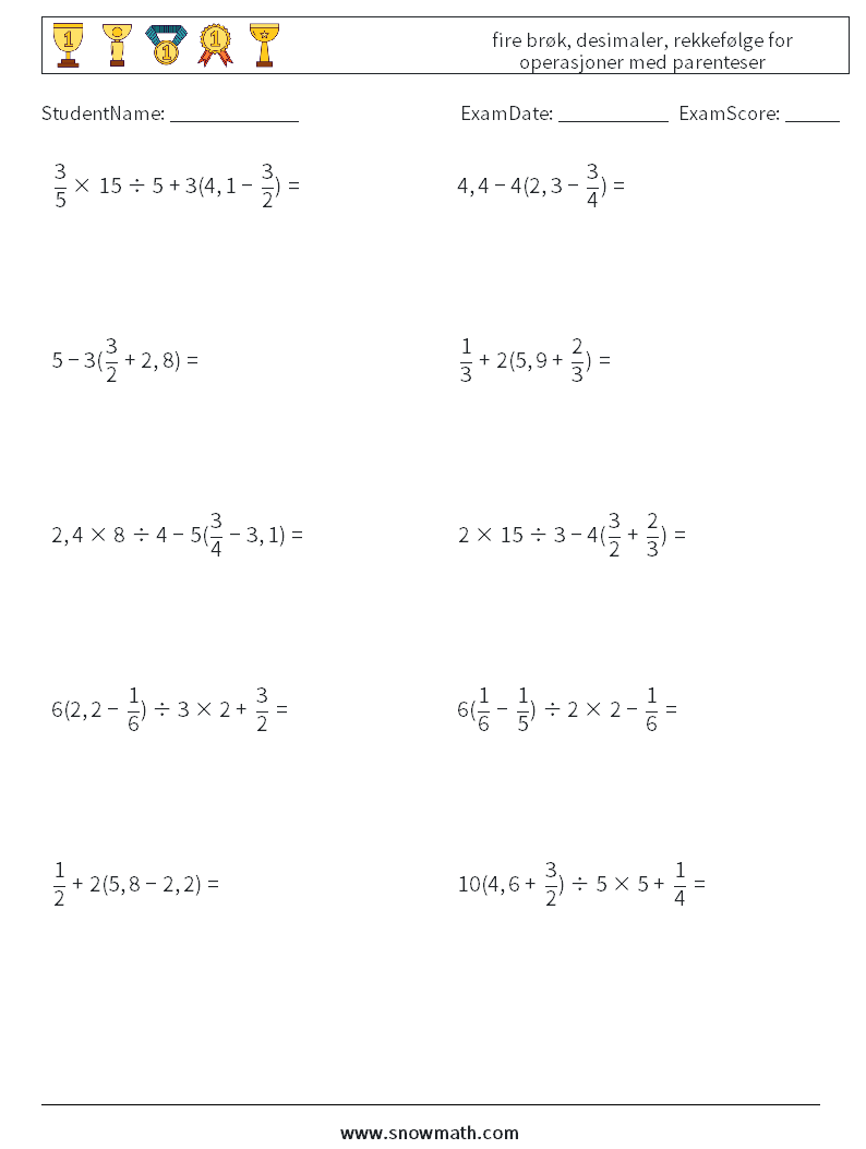 (10) fire brøk, desimaler, rekkefølge for operasjoner med parenteser MathWorksheets 13