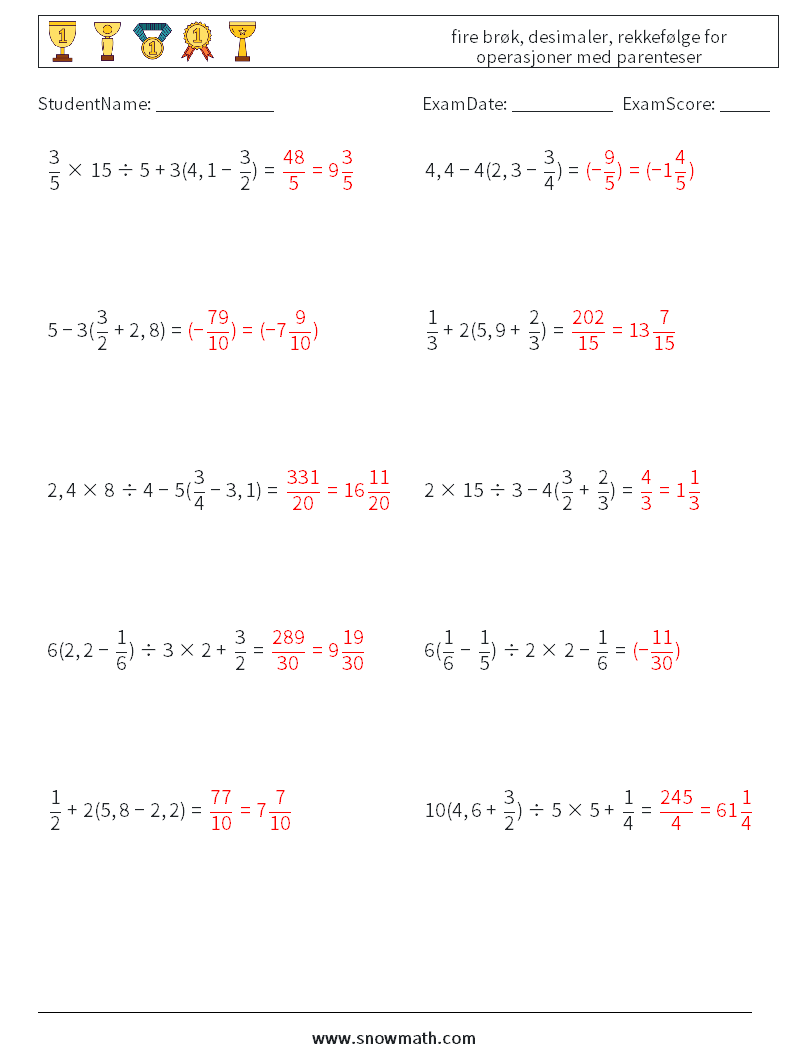 (10) fire brøk, desimaler, rekkefølge for operasjoner med parenteser MathWorksheets 13 QuestionAnswer