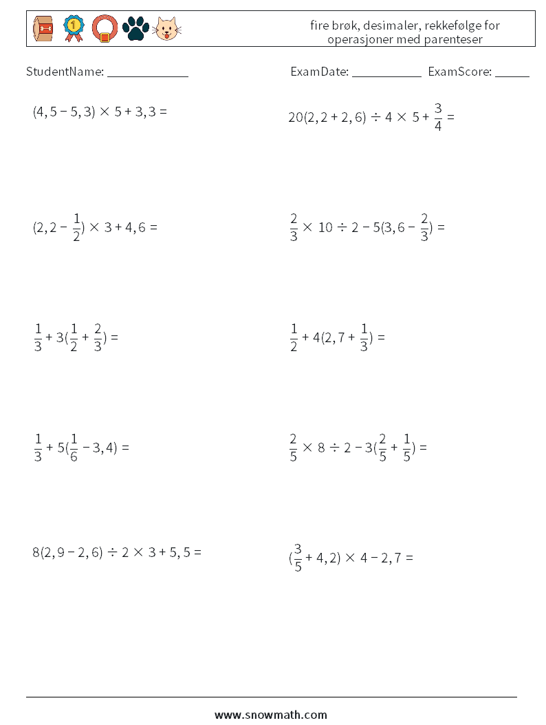 (10) fire brøk, desimaler, rekkefølge for operasjoner med parenteser MathWorksheets 14