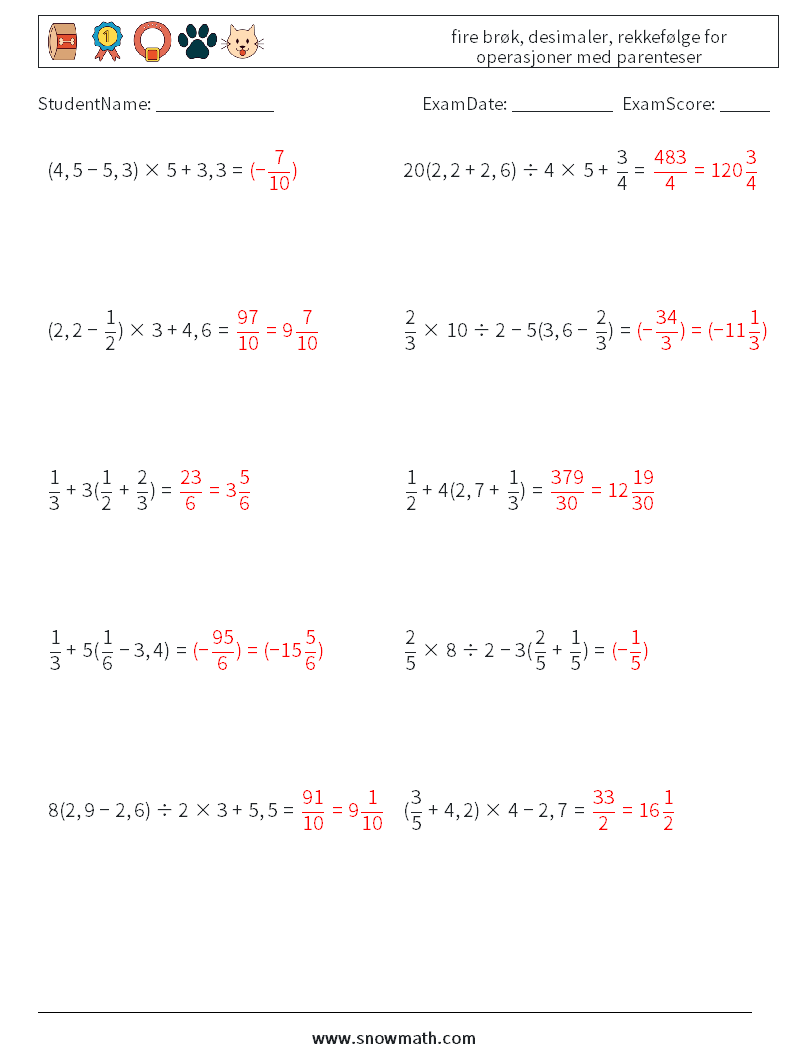 (10) fire brøk, desimaler, rekkefølge for operasjoner med parenteser MathWorksheets 14 QuestionAnswer