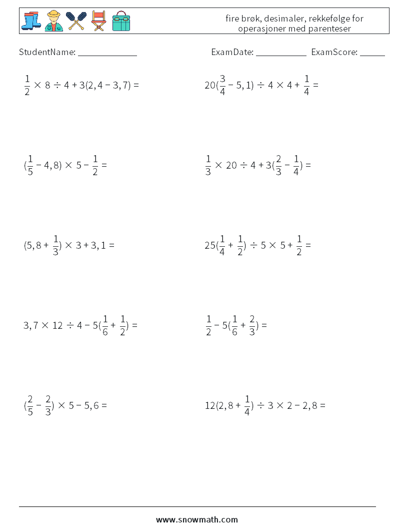 (10) fire brøk, desimaler, rekkefølge for operasjoner med parenteser MathWorksheets 15