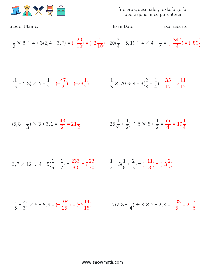 (10) fire brøk, desimaler, rekkefølge for operasjoner med parenteser MathWorksheets 15 QuestionAnswer