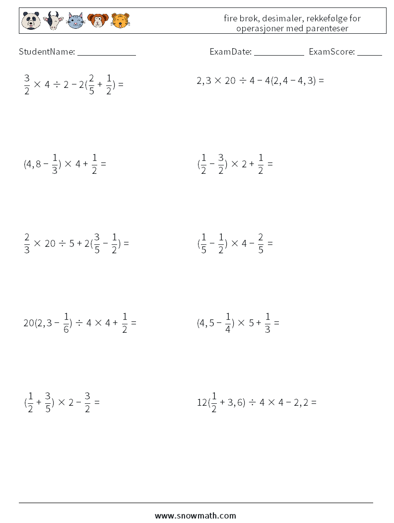 (10) fire brøk, desimaler, rekkefølge for operasjoner med parenteser MathWorksheets 16