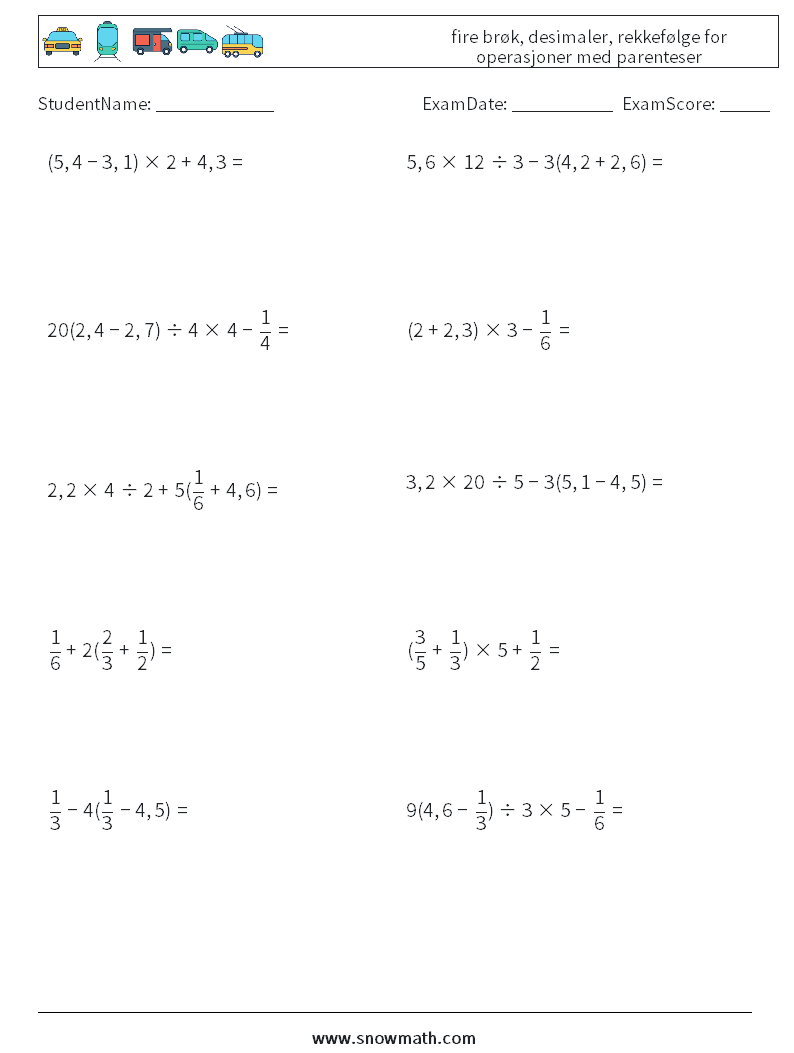 (10) fire brøk, desimaler, rekkefølge for operasjoner med parenteser MathWorksheets 17