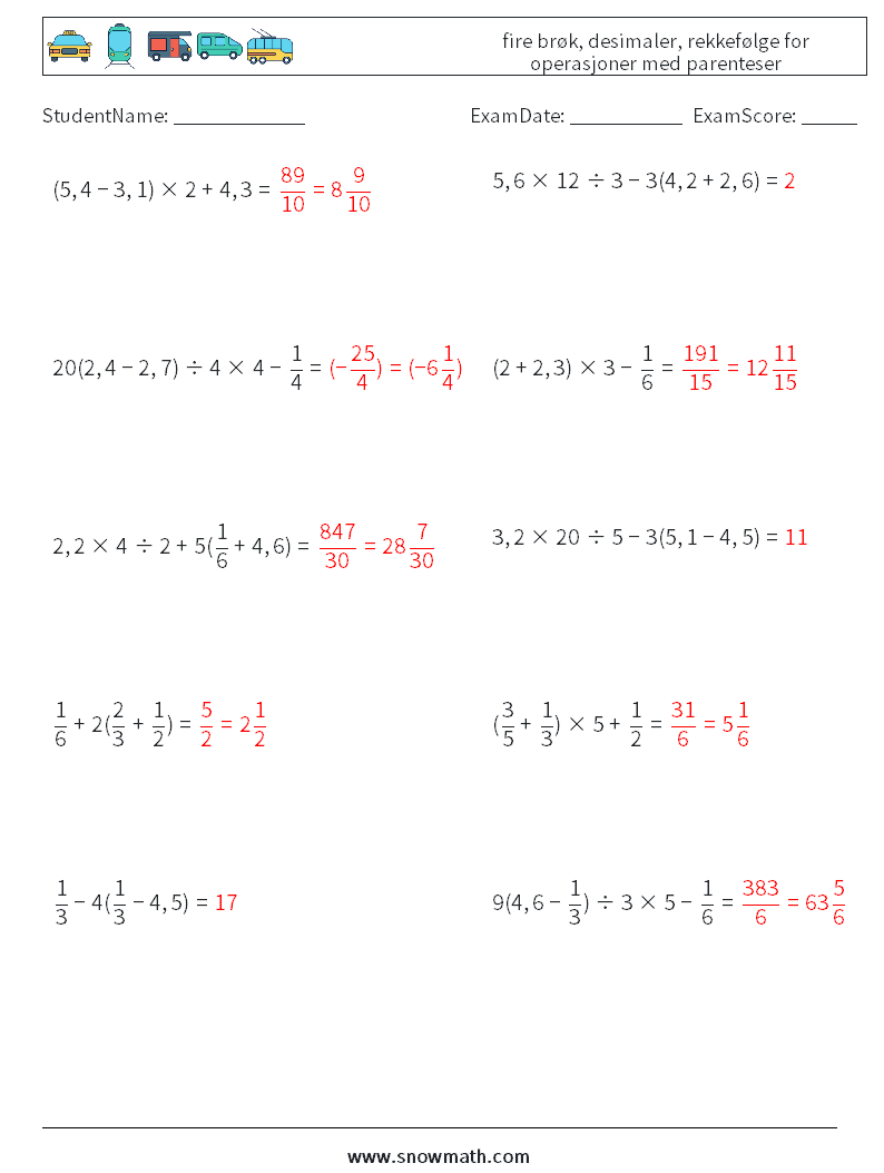 (10) fire brøk, desimaler, rekkefølge for operasjoner med parenteser MathWorksheets 17 QuestionAnswer