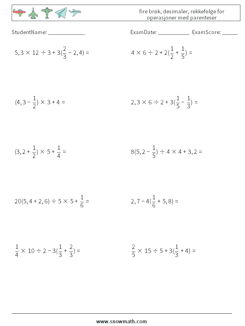 (10) fire brøk, desimaler, rekkefølge for operasjoner med parenteser MathWorksheets 18