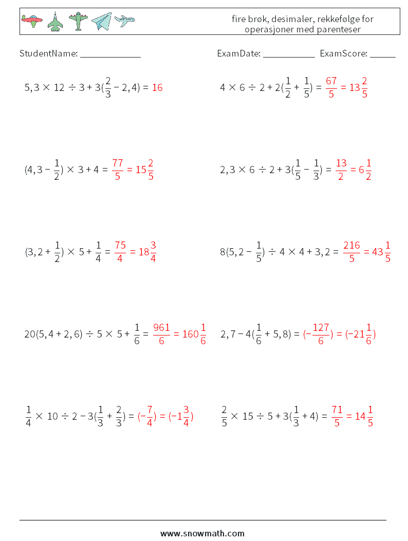 (10) fire brøk, desimaler, rekkefølge for operasjoner med parenteser MathWorksheets 18 QuestionAnswer