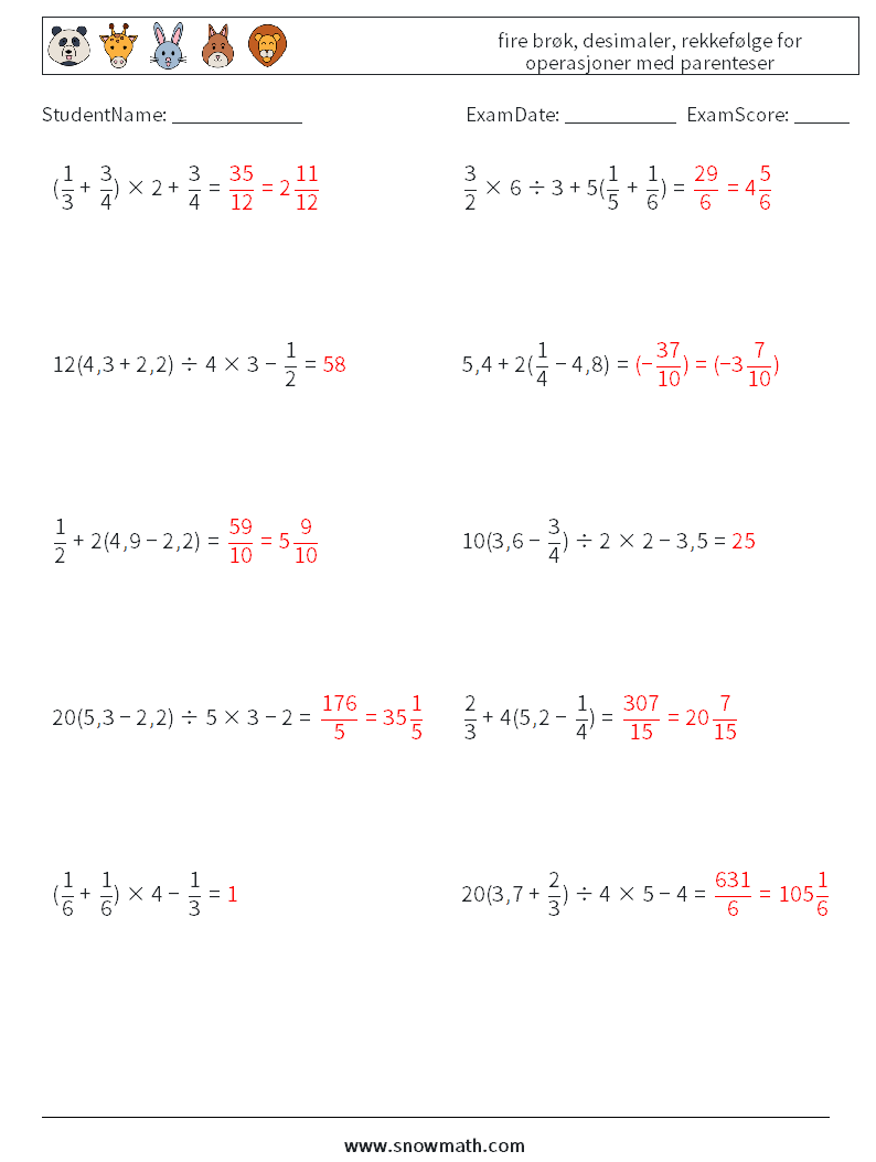 (10) fire brøk, desimaler, rekkefølge for operasjoner med parenteser MathWorksheets 1 QuestionAnswer