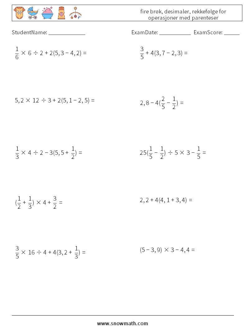 (10) fire brøk, desimaler, rekkefølge for operasjoner med parenteser MathWorksheets 3