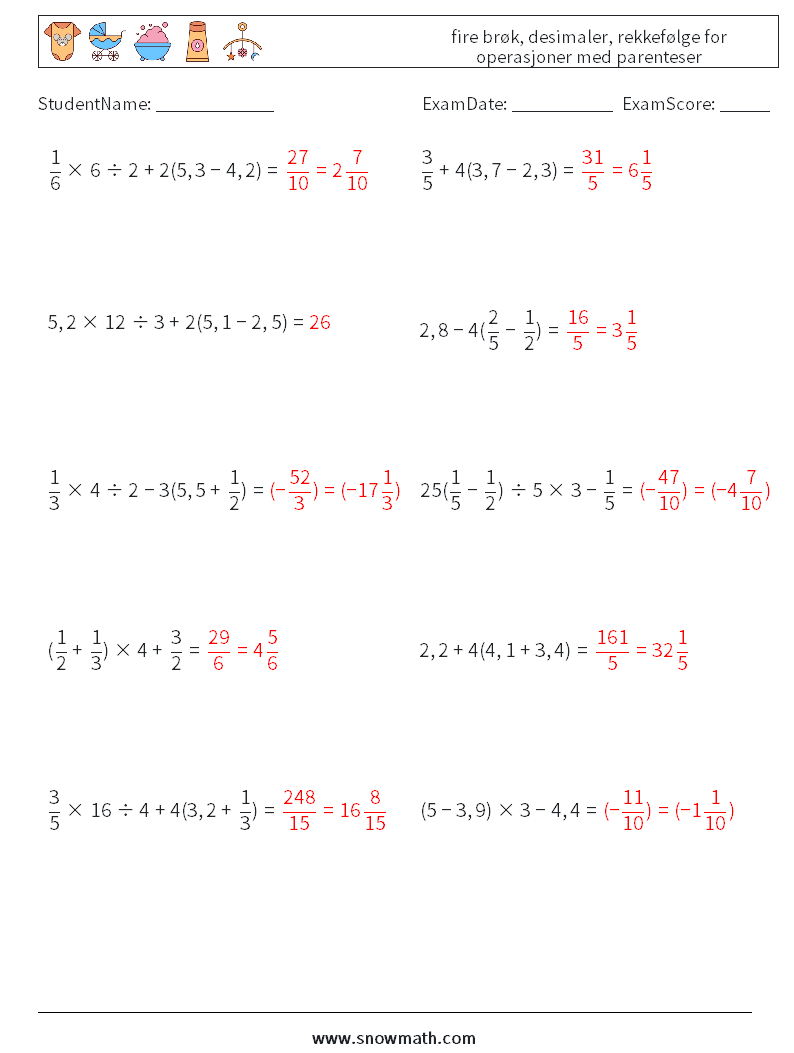 (10) fire brøk, desimaler, rekkefølge for operasjoner med parenteser MathWorksheets 3 QuestionAnswer