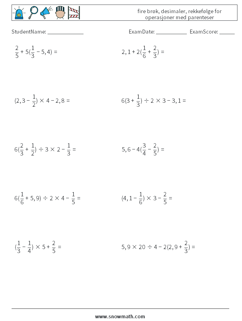 (10) fire brøk, desimaler, rekkefølge for operasjoner med parenteser MathWorksheets 4