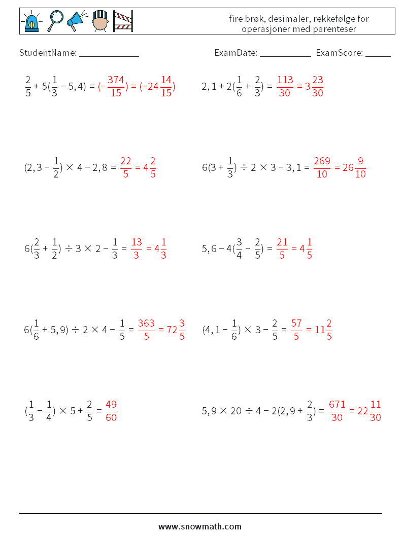 (10) fire brøk, desimaler, rekkefølge for operasjoner med parenteser MathWorksheets 4 QuestionAnswer