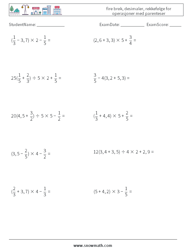 (10) fire brøk, desimaler, rekkefølge for operasjoner med parenteser MathWorksheets 5