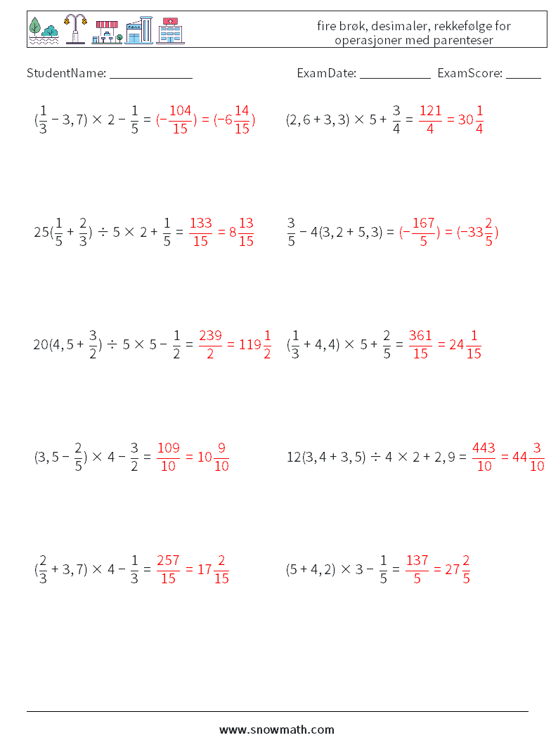 (10) fire brøk, desimaler, rekkefølge for operasjoner med parenteser MathWorksheets 5 QuestionAnswer