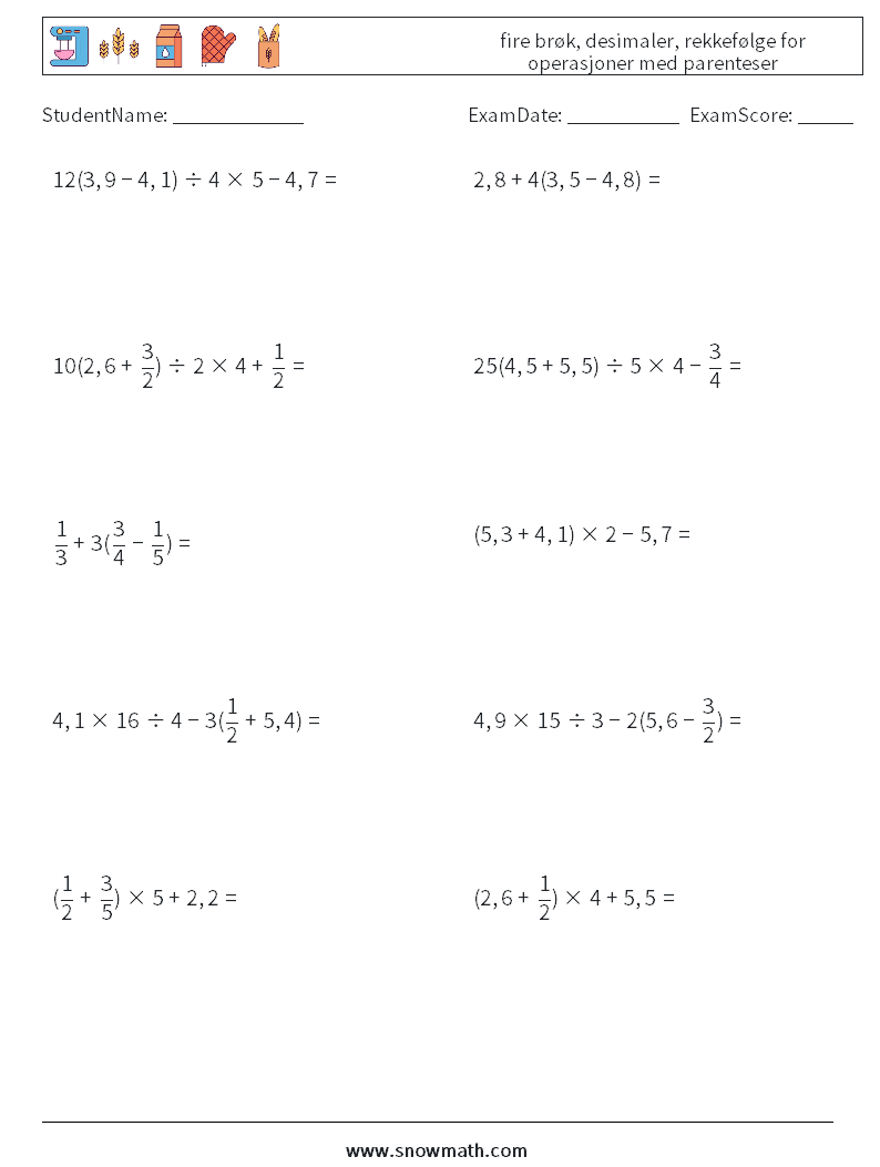 (10) fire brøk, desimaler, rekkefølge for operasjoner med parenteser MathWorksheets 6