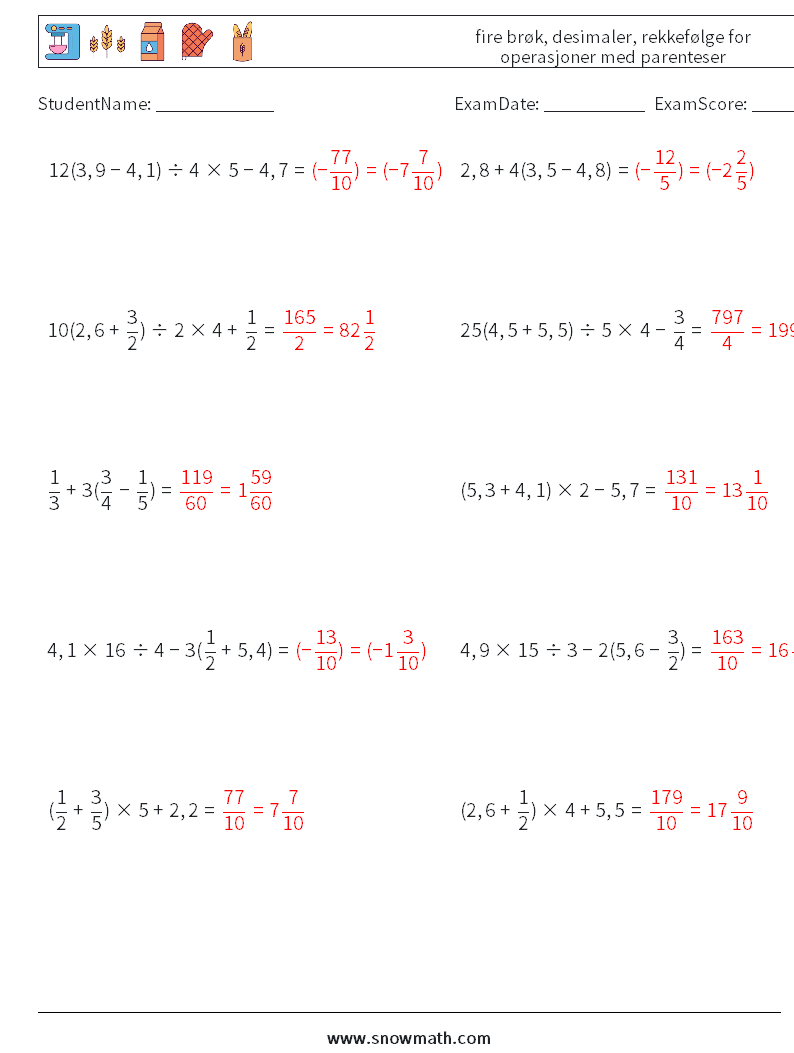 (10) fire brøk, desimaler, rekkefølge for operasjoner med parenteser MathWorksheets 6 QuestionAnswer