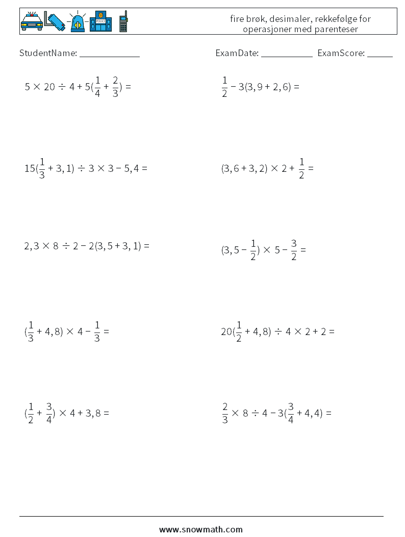 (10) fire brøk, desimaler, rekkefølge for operasjoner med parenteser MathWorksheets 7