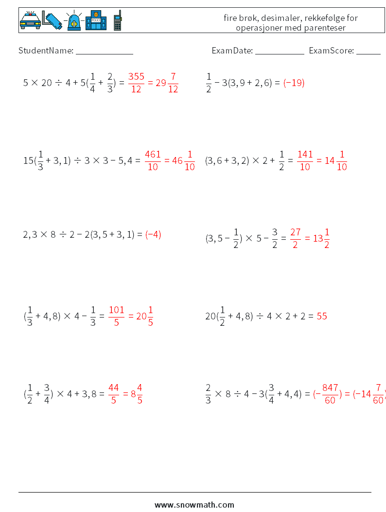 (10) fire brøk, desimaler, rekkefølge for operasjoner med parenteser MathWorksheets 7 QuestionAnswer