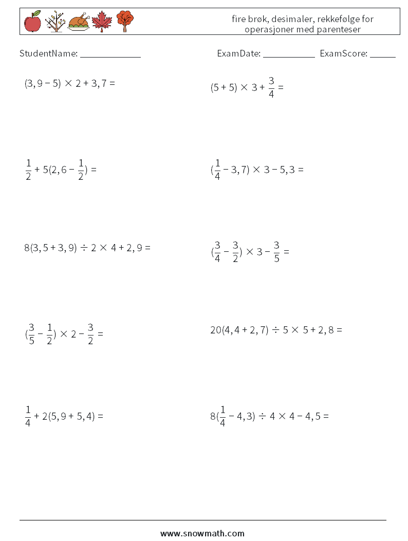 (10) fire brøk, desimaler, rekkefølge for operasjoner med parenteser MathWorksheets 8