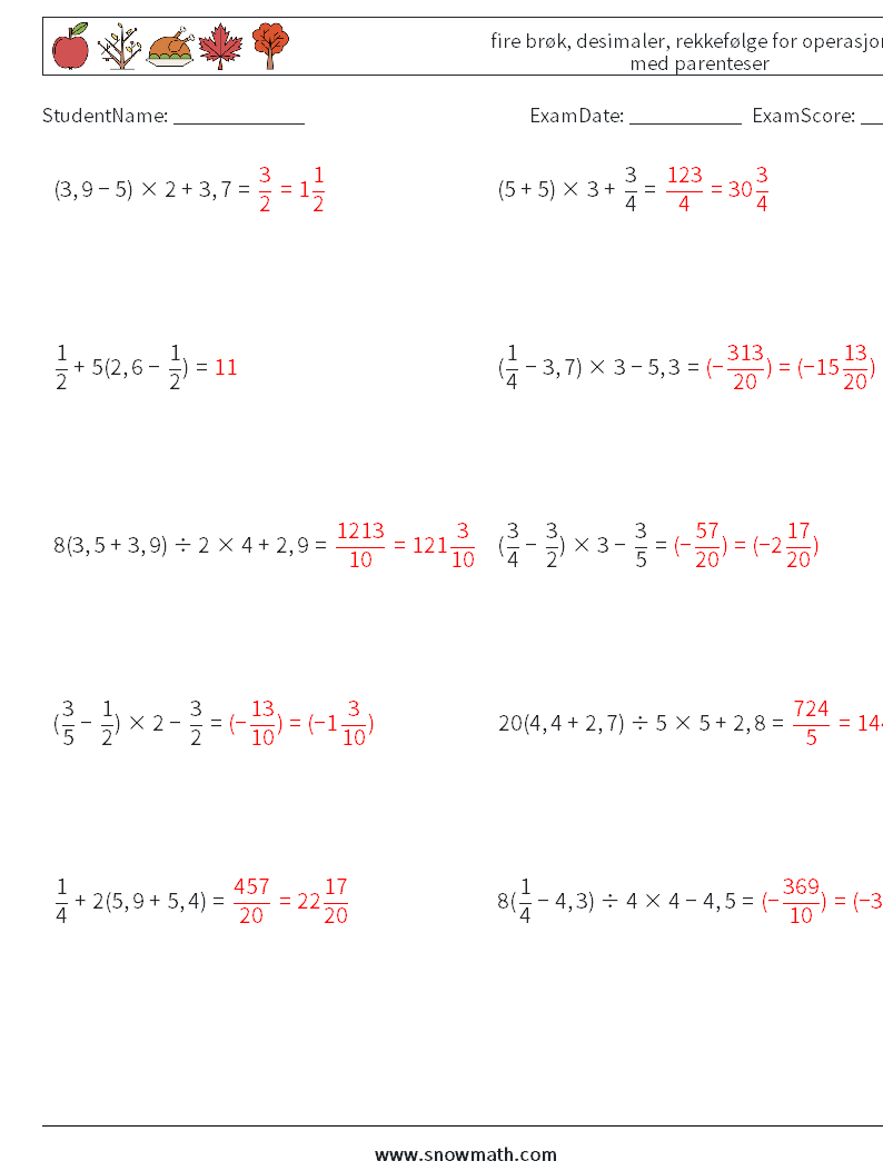 (10) fire brøk, desimaler, rekkefølge for operasjoner med parenteser MathWorksheets 8 QuestionAnswer