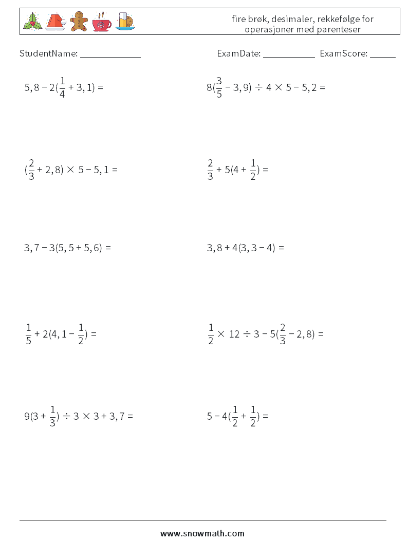 (10) fire brøk, desimaler, rekkefølge for operasjoner med parenteser MathWorksheets 9