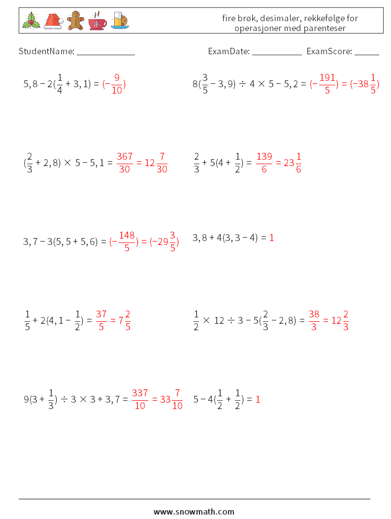 (10) fire brøk, desimaler, rekkefølge for operasjoner med parenteser MathWorksheets 9 QuestionAnswer