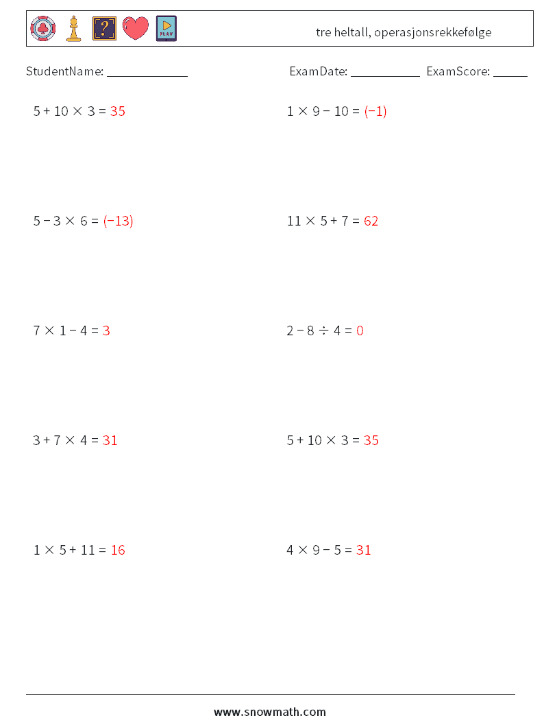 (10) tre heltall, operasjonsrekkefølge MathWorksheets 10 QuestionAnswer