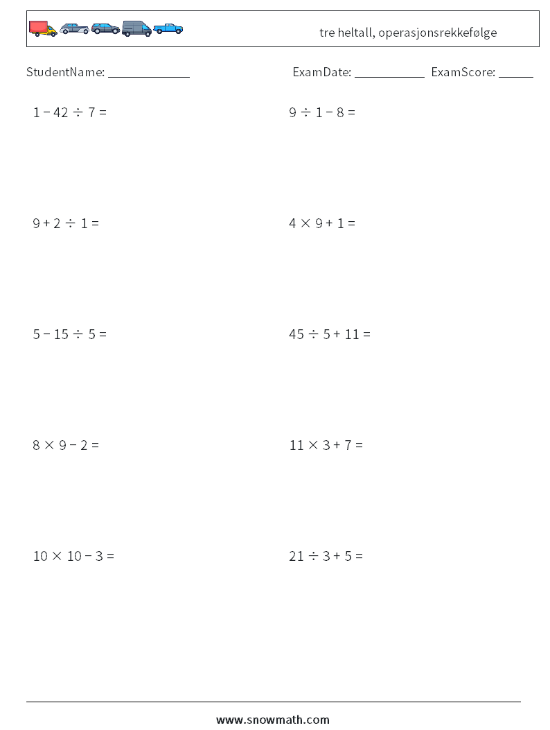 (10) tre heltall, operasjonsrekkefølge MathWorksheets 12