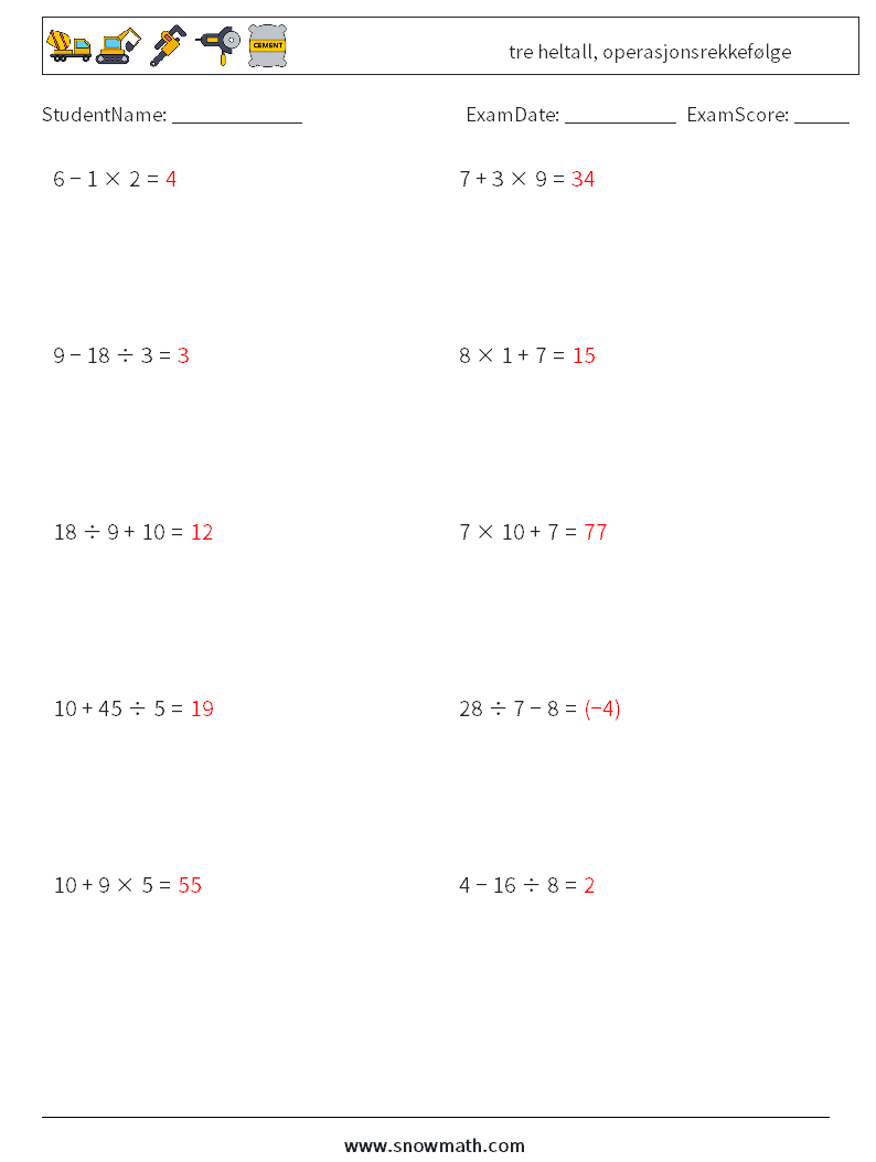 (10) tre heltall, operasjonsrekkefølge MathWorksheets 15 QuestionAnswer