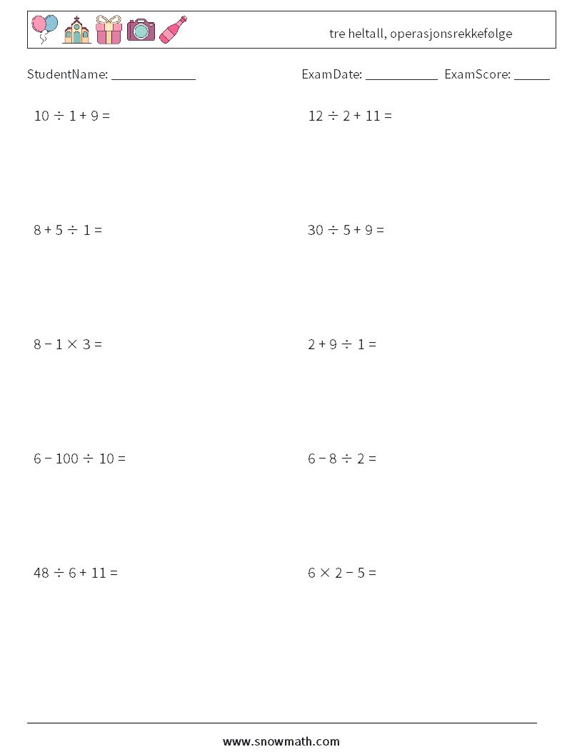 (10) tre heltall, operasjonsrekkefølge MathWorksheets 16