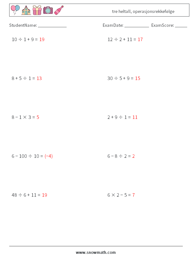 (10) tre heltall, operasjonsrekkefølge MathWorksheets 16 QuestionAnswer