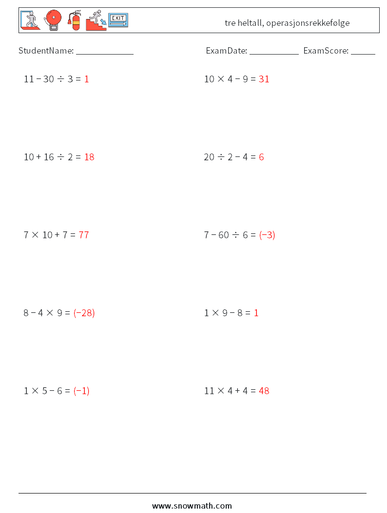(10) tre heltall, operasjonsrekkefølge MathWorksheets 18 QuestionAnswer