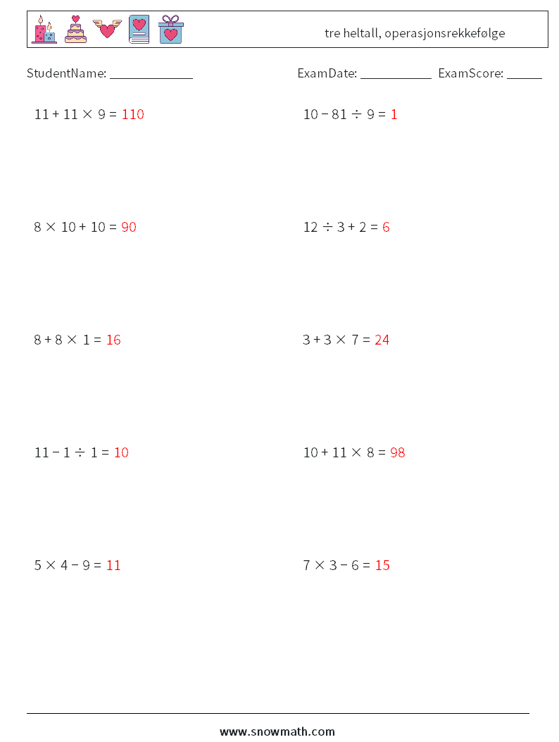 (10) tre heltall, operasjonsrekkefølge MathWorksheets 1 QuestionAnswer