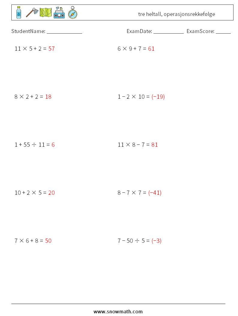 (10) tre heltall, operasjonsrekkefølge MathWorksheets 2 QuestionAnswer