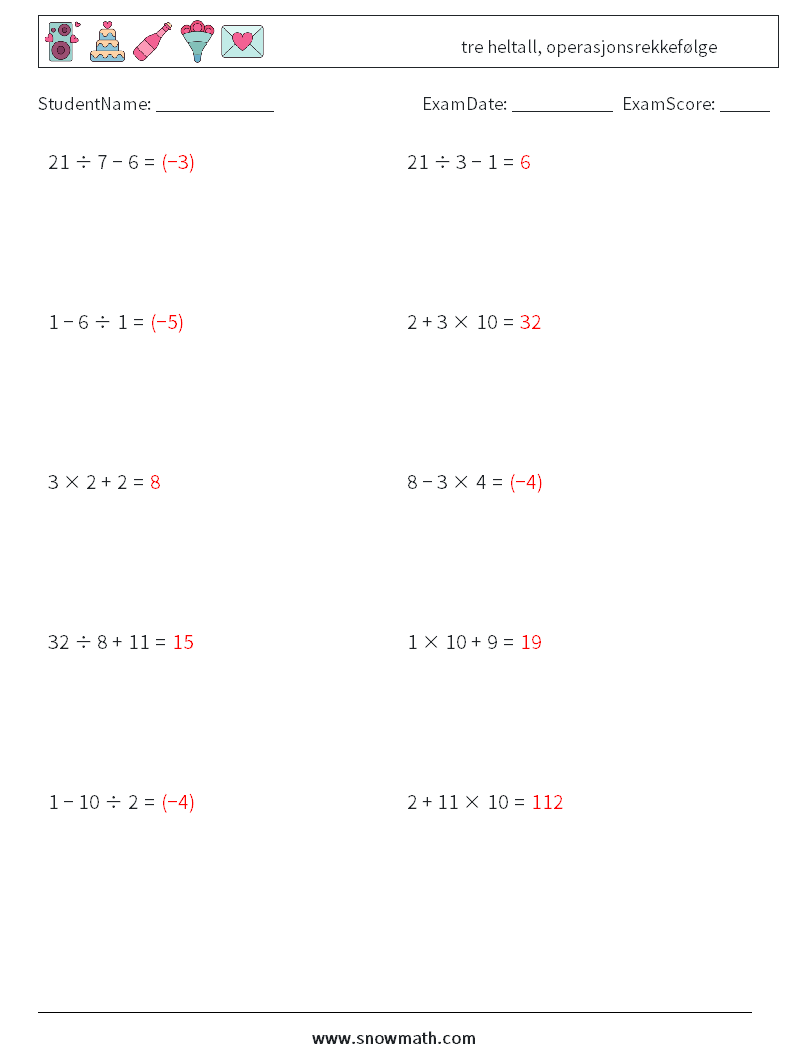 (10) tre heltall, operasjonsrekkefølge MathWorksheets 5 QuestionAnswer