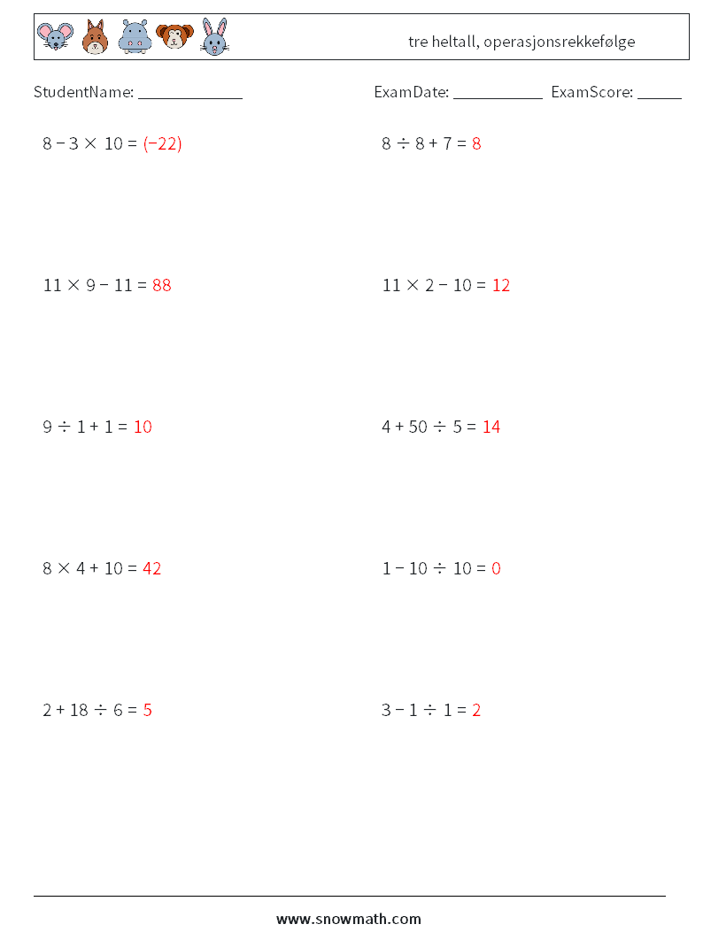 (10) tre heltall, operasjonsrekkefølge MathWorksheets 8 QuestionAnswer