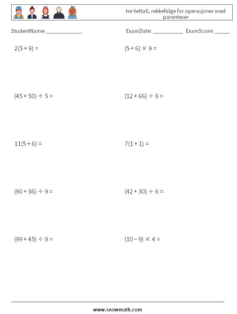 (10) tre heltall, rekkefølge for operasjoner med parenteser MathWorksheets 14