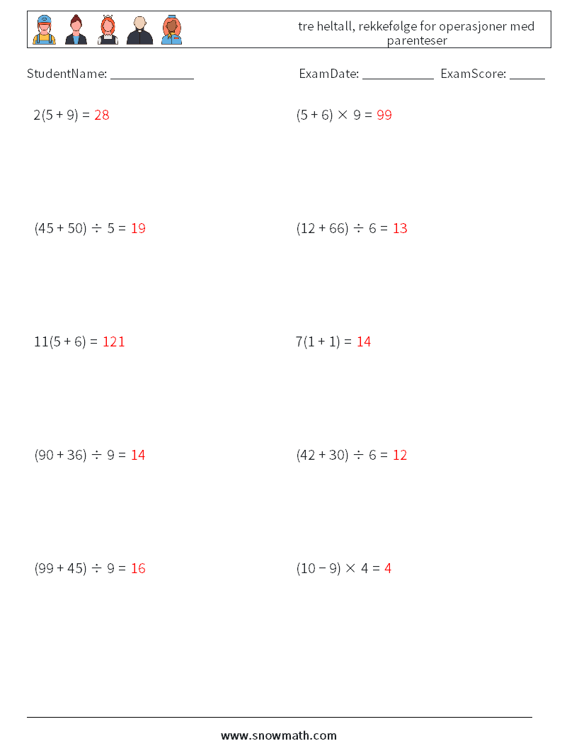 (10) tre heltall, rekkefølge for operasjoner med parenteser MathWorksheets 14 QuestionAnswer