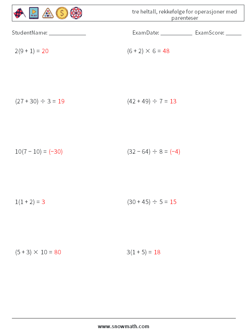 (10) tre heltall, rekkefølge for operasjoner med parenteser MathWorksheets 5 QuestionAnswer