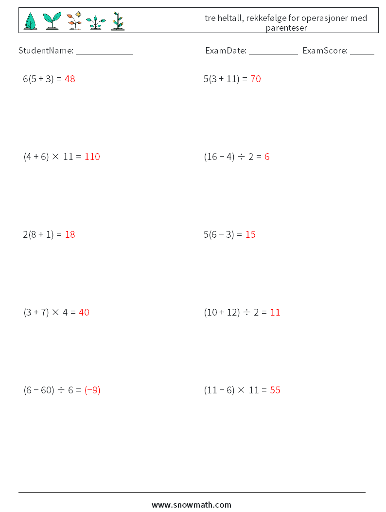 (10) tre heltall, rekkefølge for operasjoner med parenteser MathWorksheets 8 QuestionAnswer