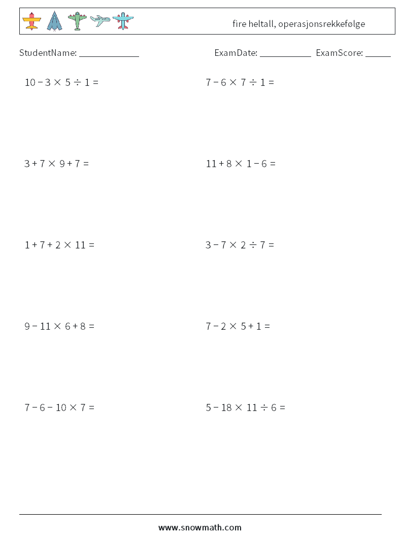 (10) fire heltall, operasjonsrekkefølge MathWorksheets 10