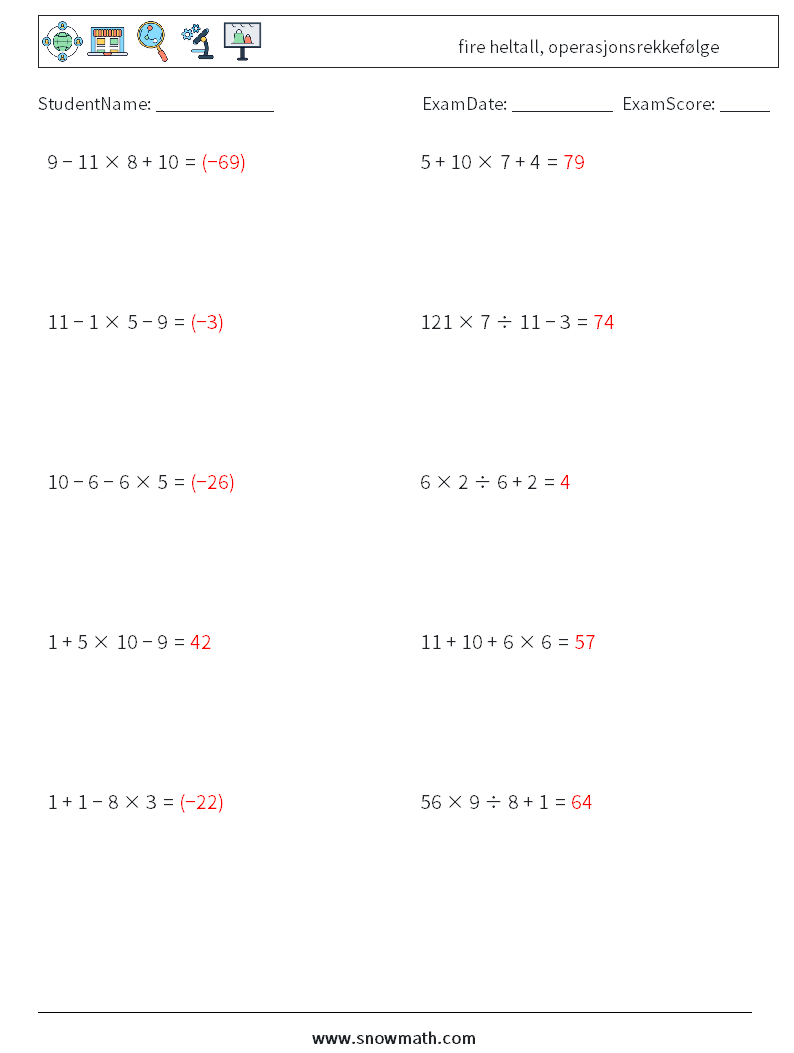 (10) fire heltall, operasjonsrekkefølge MathWorksheets 11 QuestionAnswer