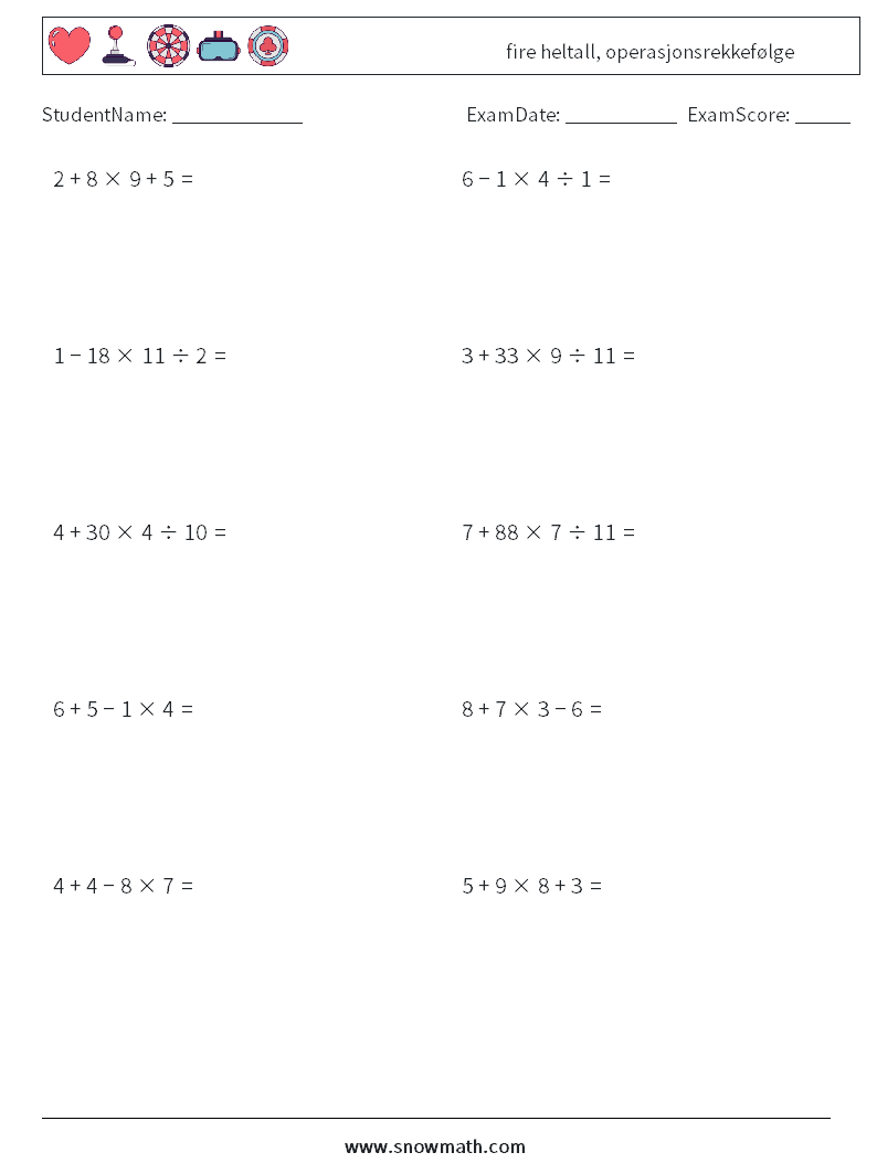 (10) fire heltall, operasjonsrekkefølge MathWorksheets 12