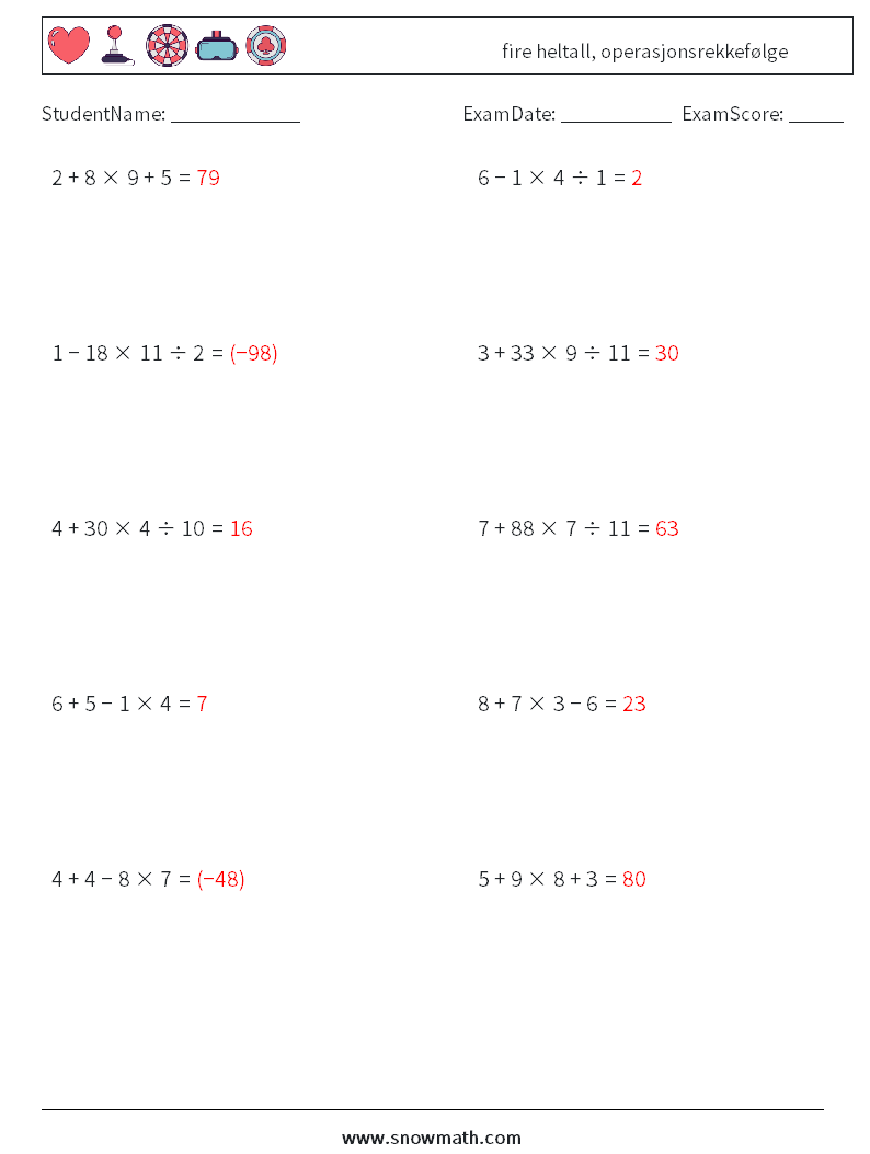 (10) fire heltall, operasjonsrekkefølge MathWorksheets 12 QuestionAnswer