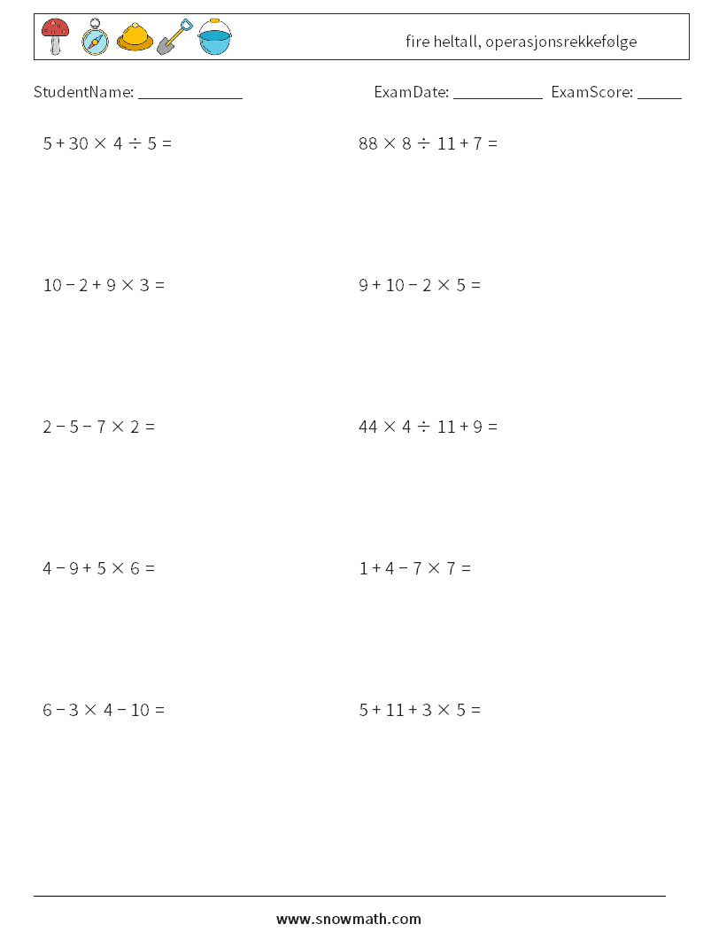 (10) fire heltall, operasjonsrekkefølge MathWorksheets 13