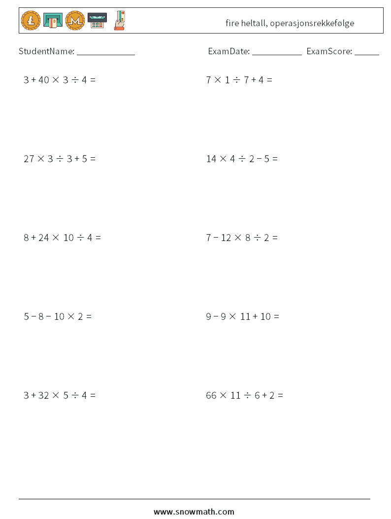 (10) fire heltall, operasjonsrekkefølge MathWorksheets 14