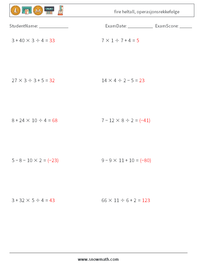 (10) fire heltall, operasjonsrekkefølge MathWorksheets 14 QuestionAnswer